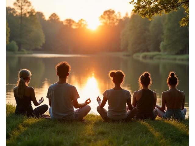 Group meditating in a serene natural setting